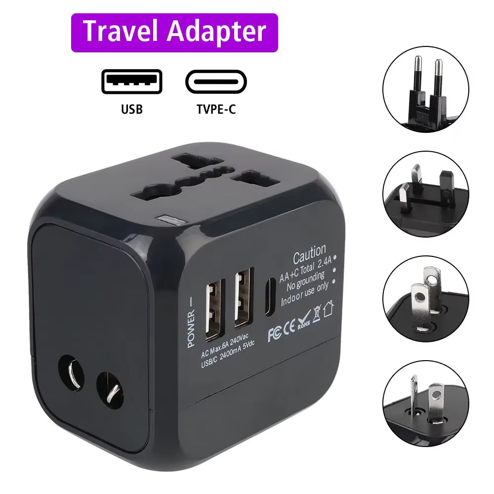 All-In-One Wall Travel Charger Adapter - US EU UK AU Plugs with 2 USB & 1 Type C, Universal for Travel