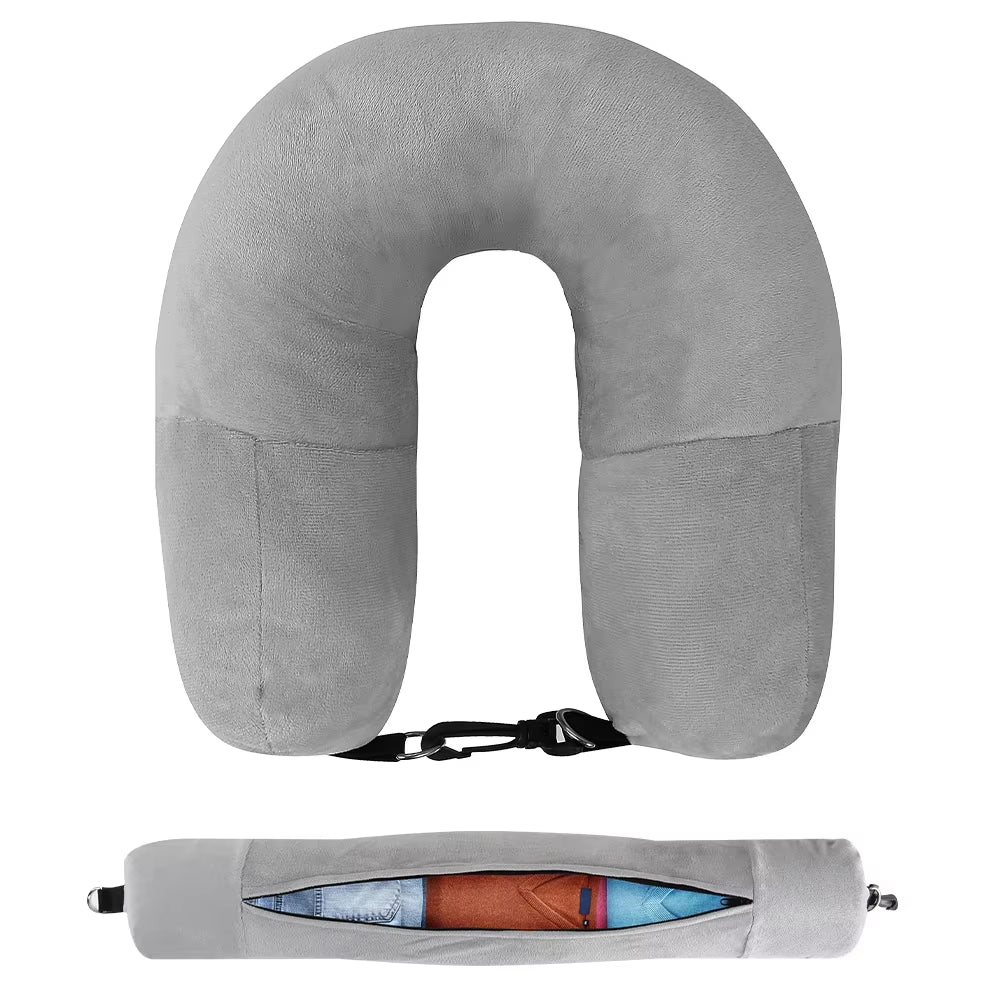 Travel Neck Pillow with Fillable Clothing U-Shaped Pillowcase, Extra Storage Bag, Velvet Neck Pillow Cover for Airplane Travel