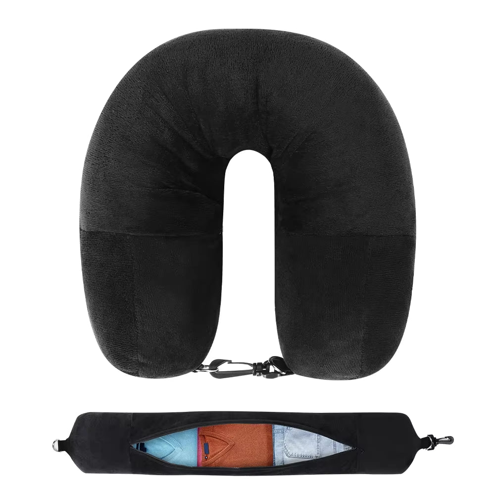 Travel Neck Pillow with Fillable Clothing U-Shaped Pillowcase, Extra Storage Bag, Velvet Neck Pillow Cover for Airplane Travel