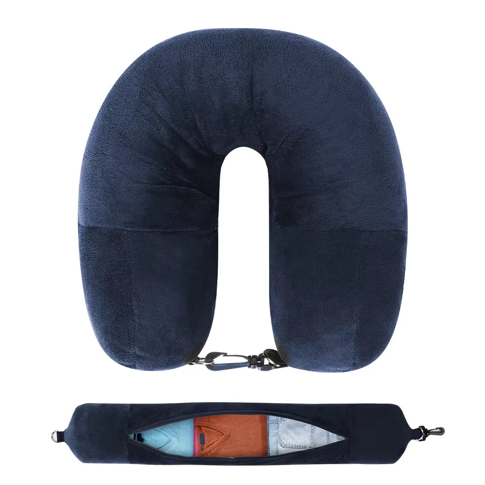 Travel Neck Pillow with Fillable Clothing U-Shaped Pillowcase, Extra Storage Bag, Velvet Neck Pillow Cover for Airplane Travel