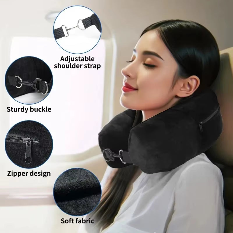 Travel Neck Pillow with Fillable Clothing U-Shaped Pillowcase, Extra Storage Bag, Velvet Neck Pillow Cover for Airplane Travel
